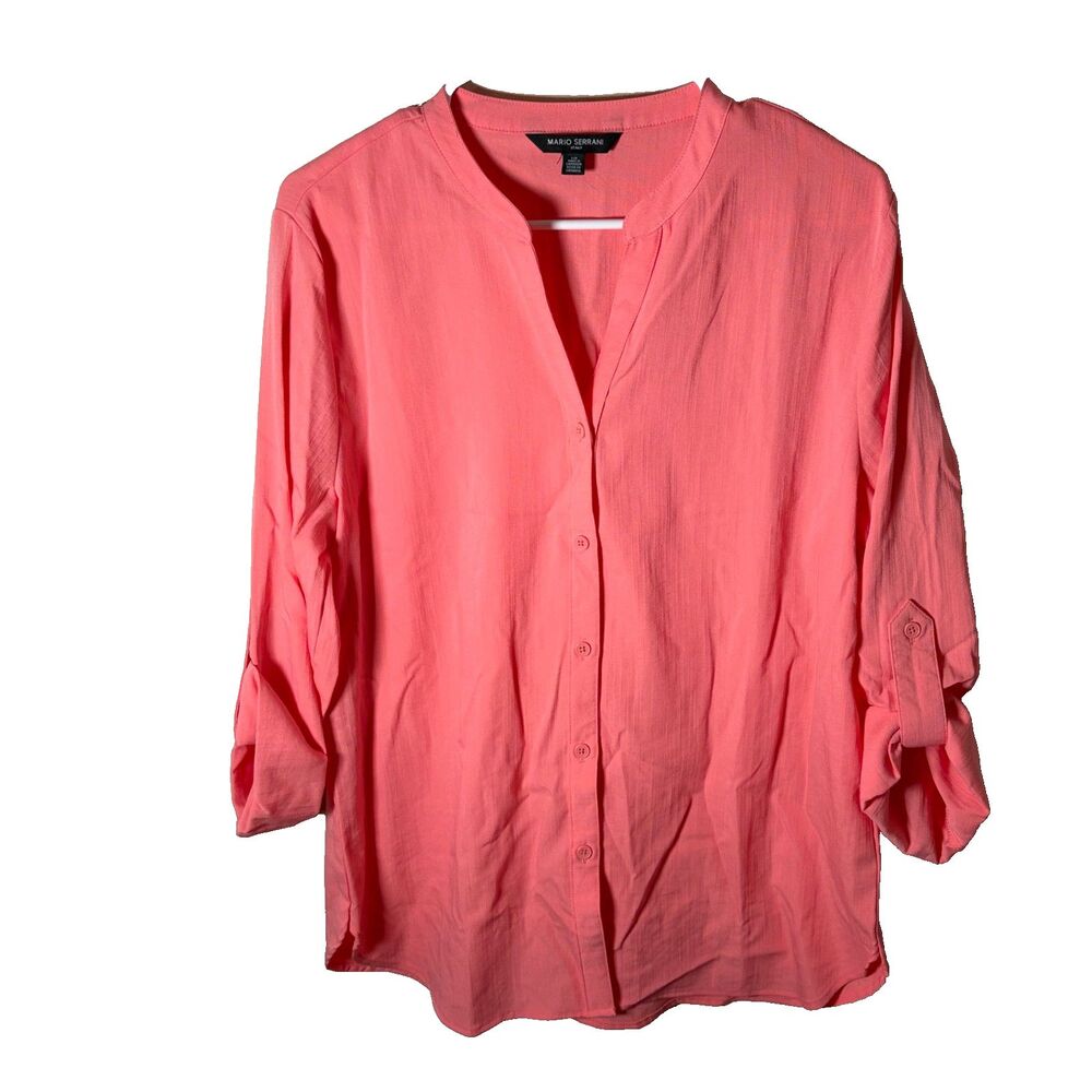 Mario Serrani Blouse Women's Large Pink V-Neck Button Up 3/4 Sleeve Shirt Top